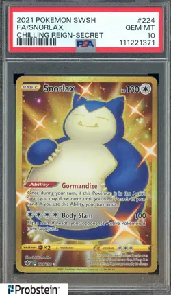 2021 Pokemon SWSH Chilling Reign Secret #224 Snorlax Fa PSA 10 GEM MINT - Image 1