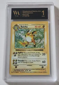 WAG Graded 1 Slab 1999 Pokemon Game Base Set Shadowless Raichu Holo #14 - Image 1