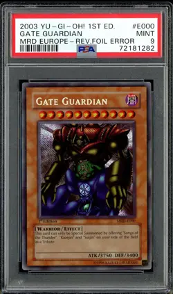 2003 Yu-Gi-Oh! 1st Ed MRD Europe Rev. Foil Error E000 Gate Guardian PSA 9 MINT - Image 1