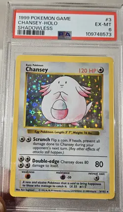 1999 Pokemon Base Set Shadowless Chansey Holo GRADED PSA-6 CARD # 3/102 - Image 3