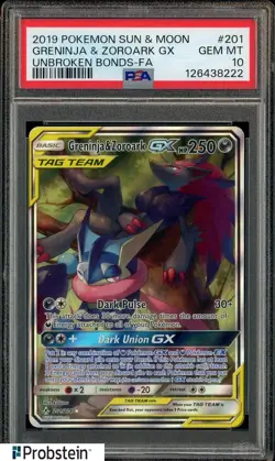 2019 Pokemon Sun & Moon Unbroken Bonds FA #201 Greninja & Zoroark Gx PSA 10 - Image 1