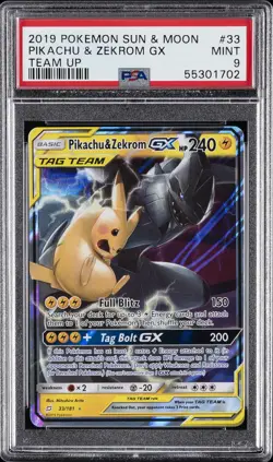 2019 POKEMON SUN & MOON TEAM UP #33 PIKACHU & ZEKROM GX PSA 9 - Image 1