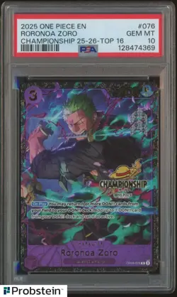 2025 One Piece OP09-076 Roronoa Zoro Top 16 Regional Championship Card PSA 10 - Image 1