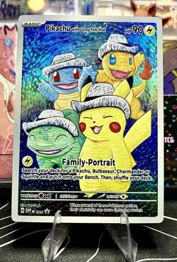 Grey Felt Hat Pikachu Charmander Bulbasaur Squirtle Pokemon Fan Art Card - Image 1