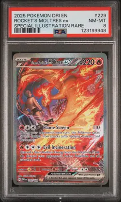 2025 POKEMON DRI EN-DESTINED RIVALS #229 TEAM ROCKET'S MOLTRES EX PSA 8 - Image 1