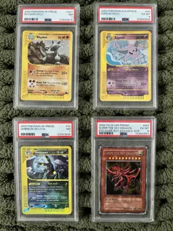 4 Graded Pokemon Cards - PSA 7 Rhydon, PSA 6 Espeon, PSA 7 Umbreon, PSA 6 Slifer - Image 1