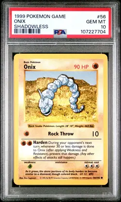 1999 POKEMON GAME SHADOWLESS #56 ONIX PSA 10 - Image 1