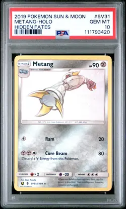 2019 POKEMON SUN & MOON HIDDEN FATES #SV31 METANG-HOLO PSA 10 - Image 1