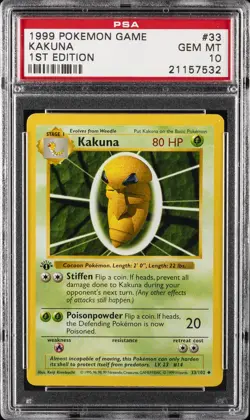 1999 POKEMON BASE SET 1ST EDITION #33 KAKUNA PSA 10 - Image 1