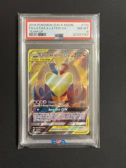 2019 POKEMON SUN & MOON TEAM UP #170 FULL ART/LATIAS & LATIOS GX PSA 8 - Image 1