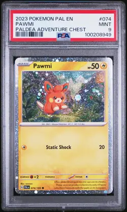 2023 POKEMON PAL EN-PALDEA EVOLVED PALDEA ADVENTURE CHEST #074 PAWMI PSA 9 - Image 1