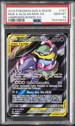 2019 POKEMON SUN & MOON UNBROKEN BONDS #197 FULL ART/MUK & ALOLAN MUK GX PSA 10 - Image 1