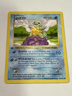 Vintage Pokemon - Squirtle 63/102 - 1st Edition Shadowless - Base Set - MP - Image 1