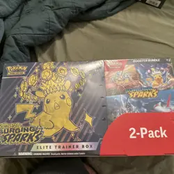 POKEMON SURGING SPARKS ETB TRADING CARD + Booster Bundle SCARLET 2-PACK SEALED - Image 1