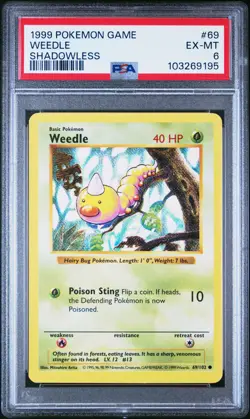 1999 POKEMON BASE SET SHADOWLESS #69 WEEDLE PSA 6 - Image 1
