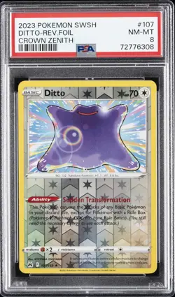 2023 POKEMON SWORD & SHIELD CROWN ZENITH #107 DITTO-REVERSE FOIL PSA 8 - Image 1