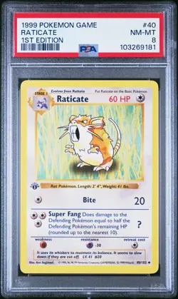 1999 POKEMON BASE SET 1ST EDITION #40 RATICATE PSA 8 - Image 1