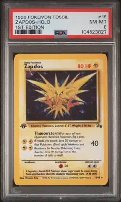 1999 POKEMON FOSSIL 1ST ED #15 ZAPDOS-HOLO PSA 8 - Image 1