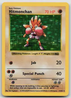 Pokemon TCG Hitmonchan Base Set Holo Shadowless Rare Card 7/102 LP condition - Image 1