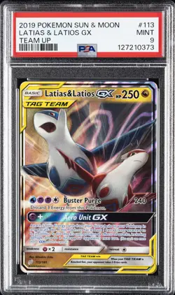 2019 POKEMON SUN & MOON TEAM UP #113 LATIAS & LATIOS GX PSA 9 - Image 1