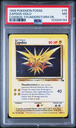 1999 POKEMON FOSSIL COSMOS-THUNDERSTORM DECK #15 ZAPDOS-HOLO PSA 7 - Image 1