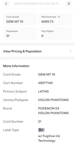 2006 POKEMON EX HOLON PHANTOMS 21 LATIAS PSA GEM MINT 10 - Image 3