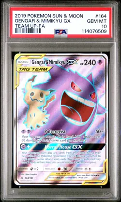 2019 POKEMON SUN & MOON TEAM UP #164 FULL ART/GENGAR & MIMIKYU GX PSA 10 - Image 1