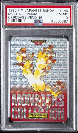 1996 POKEMON JPN BANDAI CARDDASS VENDING #146 MOLTRES-PRISM PSA 10 - Image 1