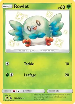 Rowlet SV2/SV94 SM Hidden Fates Holo Shiny Baby Rare Pokemon Card MINT - Image 1