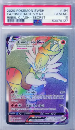 PSA 10 Cinderace VMAX Full Art Secret Rare 194 SWSH Rebel Clash Pokemon Card - Image 1