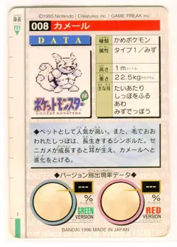 Wartortle 008 Bandai Carddass Nintendo Pokemon Card Japanese 1996 NEAR MINT - Image 2