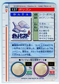 Porygon #137 Bandai Carddass Nintendo Pokemon Card Japanese 1996 NEAR MINT - Image 2