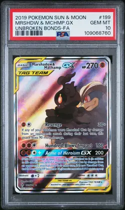 2019 POKEMON SUN & MOON UNBROKEN BONDS FULL ART/MARSHADOW & MACHAMP GX PSA 10 - Image 1