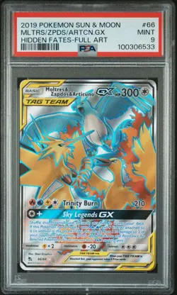 PSA 9 Moltres & Zapdos & Articuno GX #66 POKEMON SUN & MOON HIDDEN FATES 2019 - Image 1