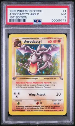 PSA 7 1999 POKEMON FOSSIL 1 AERODACTYL HOLO 1ST EDITION - Image 1