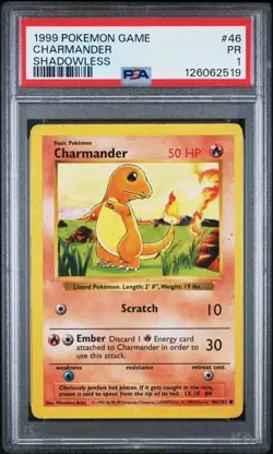 PSA 1 Shadowless Charmander #46/102 Base Set Pokemon 1999 WoTC PR - Image 1