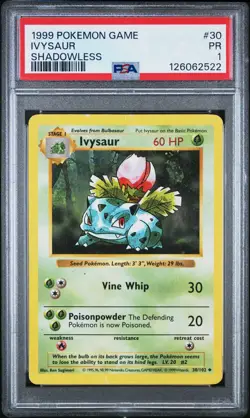 PSA 1 Ivysaur Shadowless #30 Base Set 1999 Pokemon WoTC PR - Image 1
