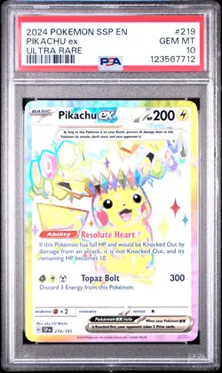 2024 POKEMON SSP EN-SURGING SPARKS ULTRA RARE #219 PIKACHU EX PSA 10 - Image 1