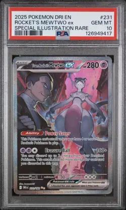 2025 POKEMON DRI SPECIAL ILLUSTRATION RARE #231 TEAM ROCKET'S MEWTWO EX PSA 10 - Image 1