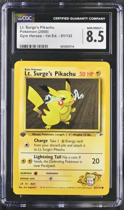 CGC 8.5 Lt. Surge's Pikachu Gym Heroes 1st Edition 81/132 Pokemon Card - Image 1