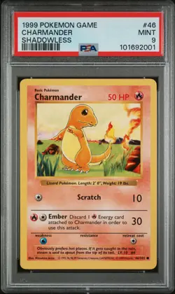 1999 POKEMON BASE SET SHADOWLESS #46 CHARMANDER PSA 9 - Image 1