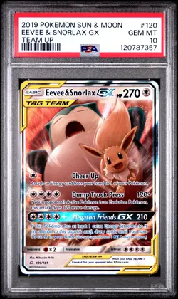2019 POKEMON SUN & MOON TEAM UP #120 EEVEE & SNORLAX GX PSA 10 - Image 1