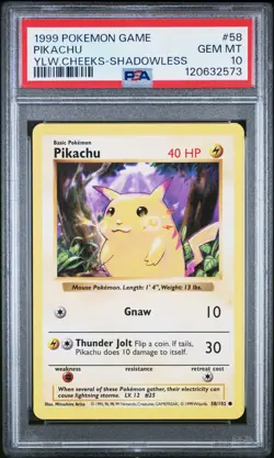 PSA 10 - Pikachu - #58 - Yellow Cheeks - Shadowless - Base Set - Pokemon Card - Image 1