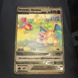Custom metal Pokemon Charmander, Charmeleon, & Charizard GX Card art display - Image 1