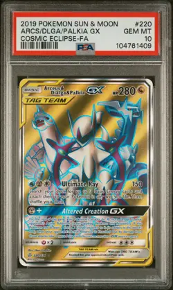2019 POKEMON SUN & MOON #220 FULL ART/ARCEUS & DIALGA & PALKIA GX PSA 10 - Image 1