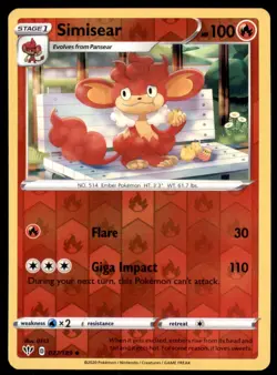 Pokemon TCG Simisear Sword & Shield - Darkness Ablaze #27 Holo Reverse - Image 1