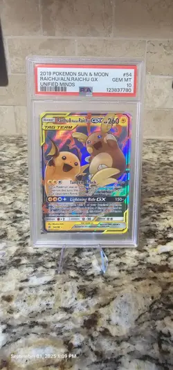2019 Pokemon Sun & Moon Raichu & Alolan Raichu GX 54/236 Unified Minds PSA 10 - Image 1