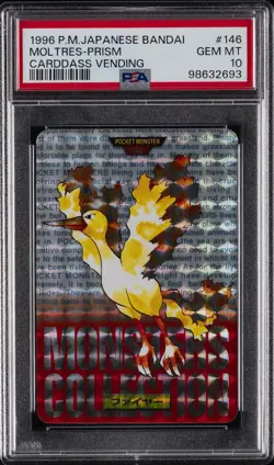 1996 POKEMON JPN BANDAI CARDDASS VENDING #146 MOLTRES-PRISM PSA 10 - Image 1