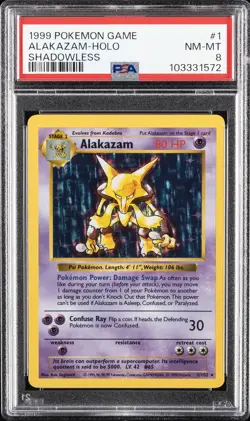 1999 POKEMON BASE SET SHADOWLESS #1 ALAKAZAM-HOLO PSA 8 - Image 1