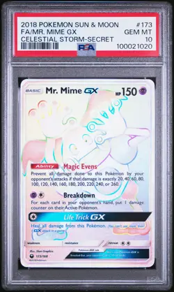 2018 POKEMON SUN & MOON CELESTIAL STORM SECRET #173 FULL ART/MR. MIME GX PSA 10 - Image 1